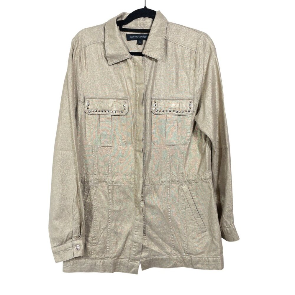 Boston Proper Gold Glitter Metallic Zip Jacket Studded Cargo Long Jacket  SZ L